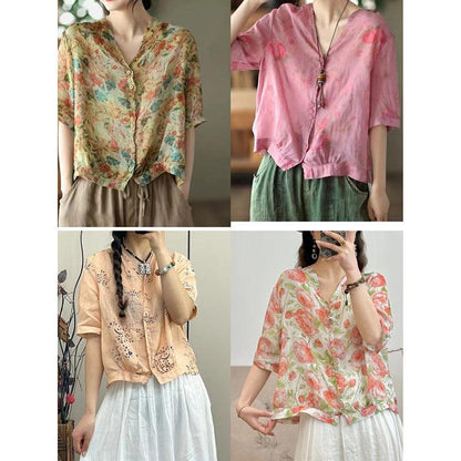 Women's V-neck Single Breasted Plus Size Slimming Artistic Stitching Casual Printed Ramie Shirt - Hipster Collections