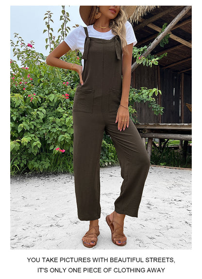 Summer European And American Leisure Suspender Pants Solid Color Pocket Jumpsuit - Hipster Collections