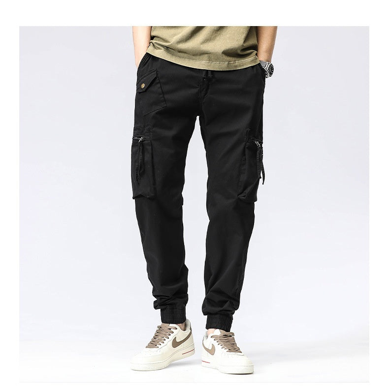 Casual Pants Trendy Brand Elastic Waist Men's Youth Simple Pure Cotton Multi-pocket Work Pants Trousers Ankle-tied - Hipster Collections