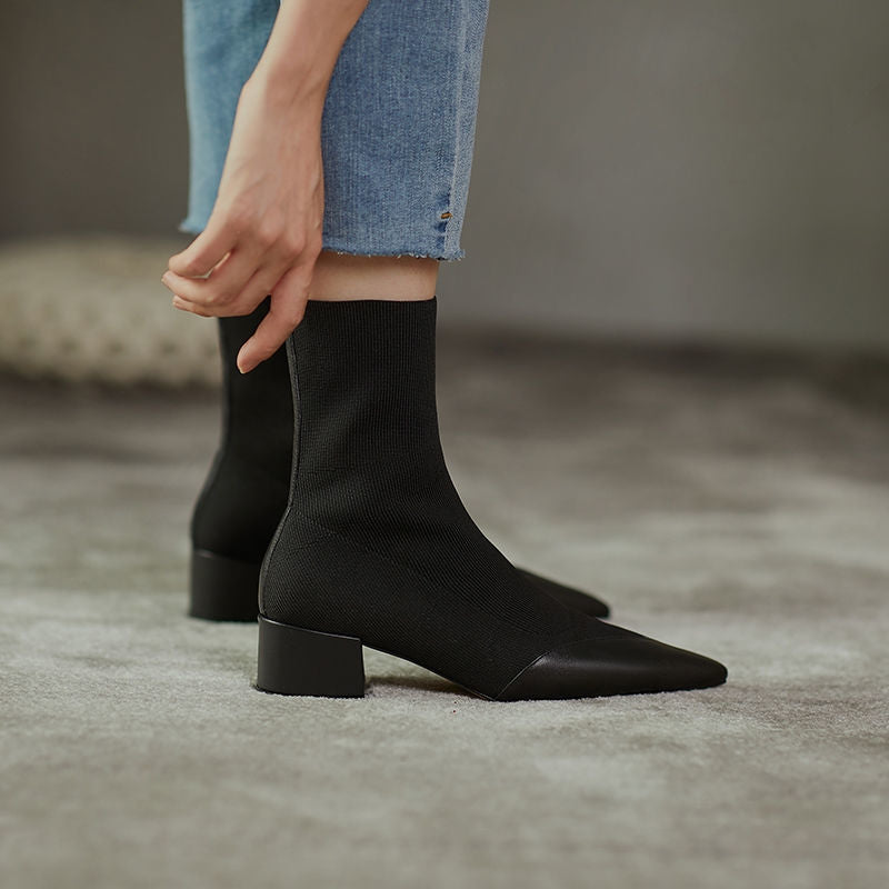 Women's Fashion Woolen Yarn Boots Pointed Chunky Heel Short Boots - Hipster Collections