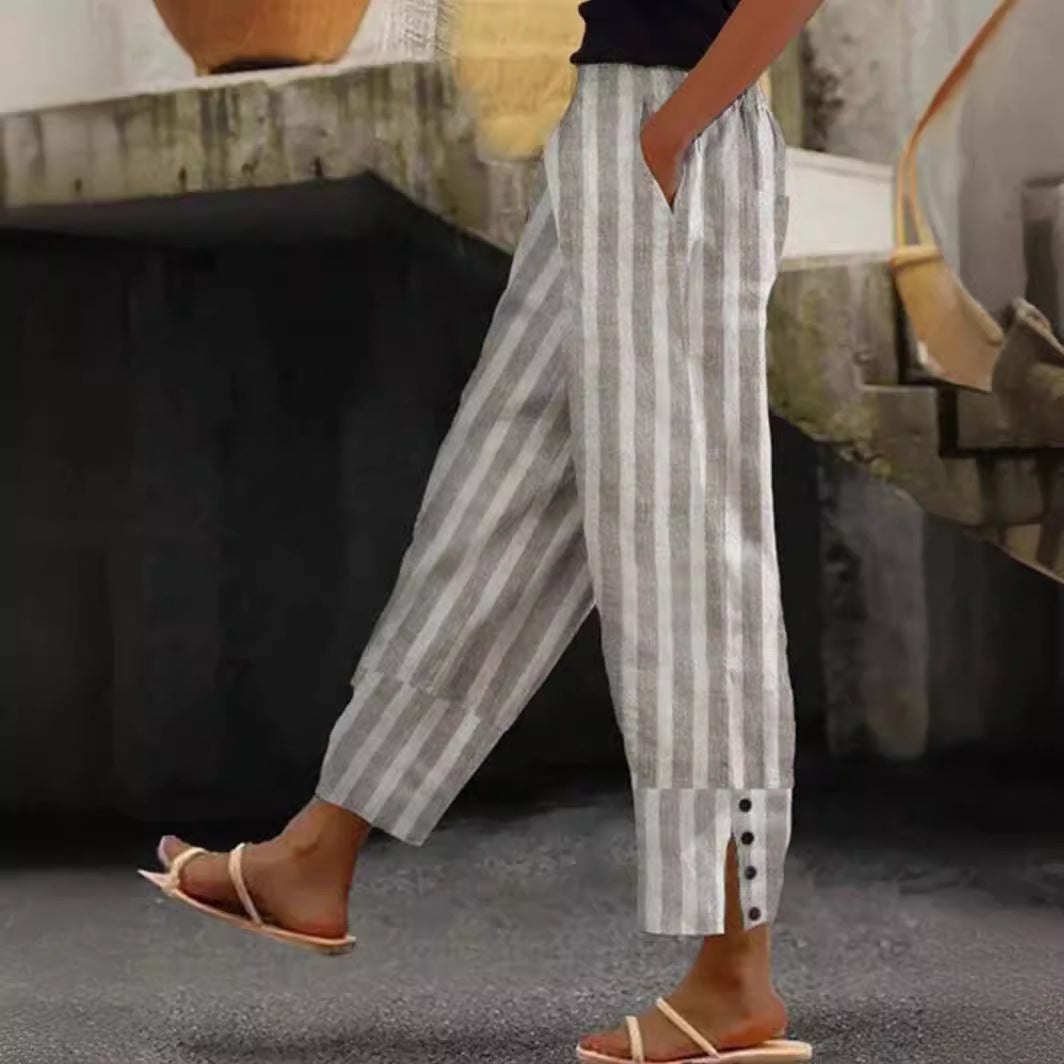 Women's Casual Striped Trousers With Decorative Buttons - Hipster Collections