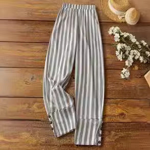 Women's Casual Striped Trousers With Decorative Buttons - Hipster Collections