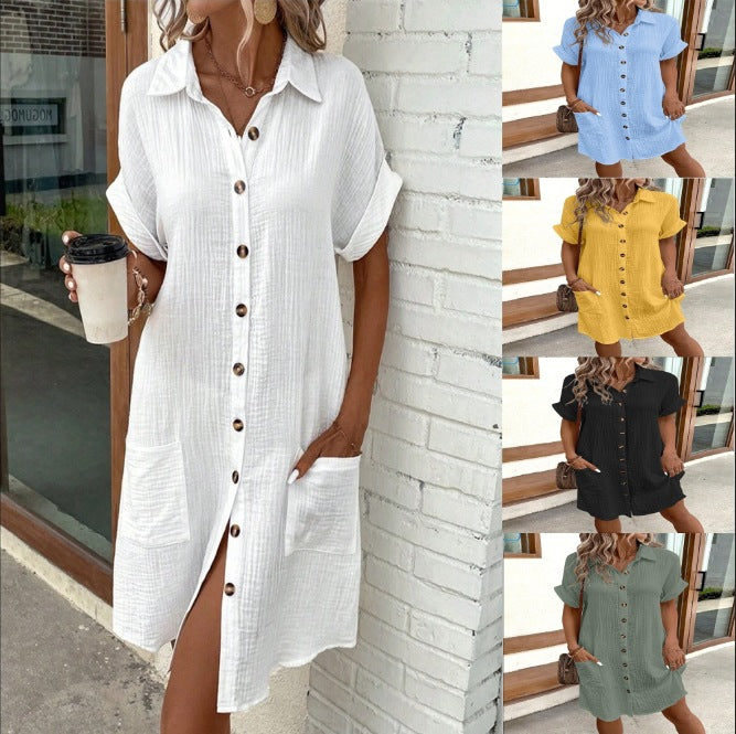 Short Sleeve Shirt Mid-length Loose Dress - Hipster Collections