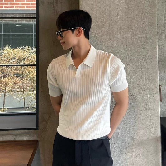 Summer Stripes Short Sleeve POLO Shan Men's Korean Slim Fit Lapel Solid Color Casual Thin Half Sleeve Trend Knitting Top - Hipster Collections