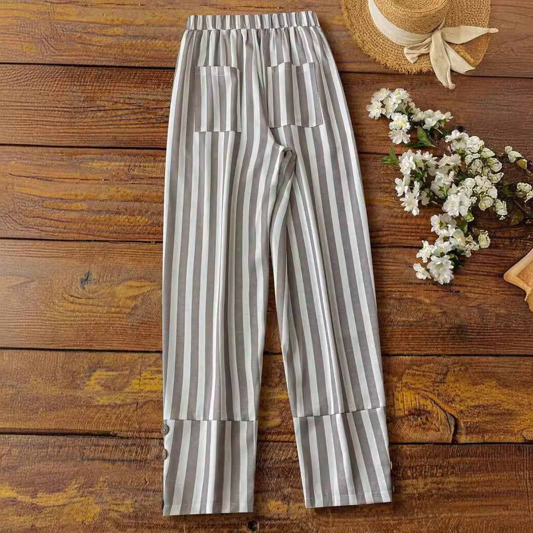 Women's Casual Striped Trousers With Decorative Buttons - Hipster Collections