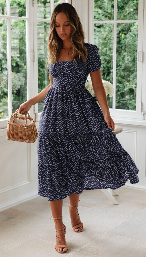 Square Collar Short Sleeve Long Dress - Hipster Collections