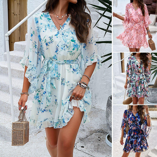 Floral Print Short Sleeves V-neck Dress - Hipster Collections