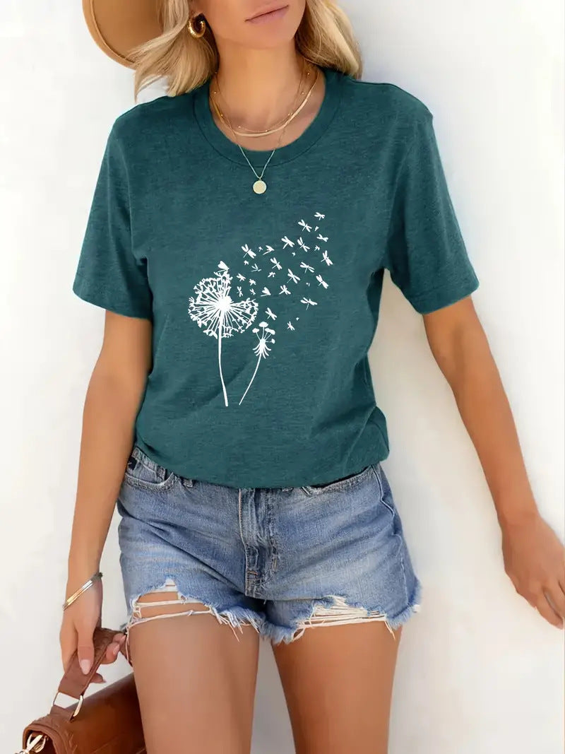 Women's Round Neck T-shirt 3d Dandelion Pattern Digital Printing Women's Clothing