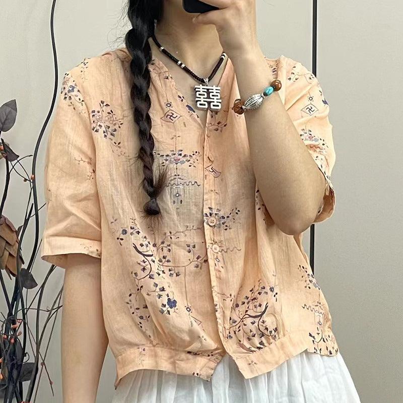 Women's V-neck Single Breasted Plus Size Slimming Artistic Stitching Casual Printed Ramie Shirt - Hipster Collections