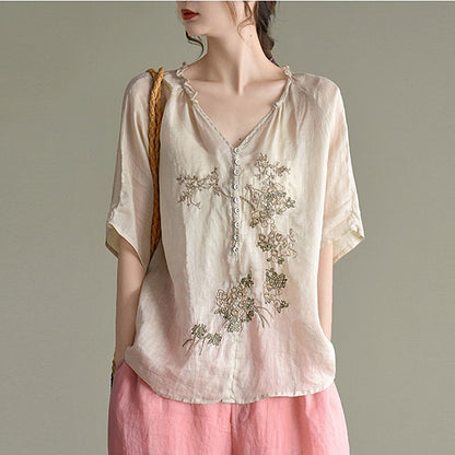 Summer Artistic Wooden Ear Embroidered Shirt Top