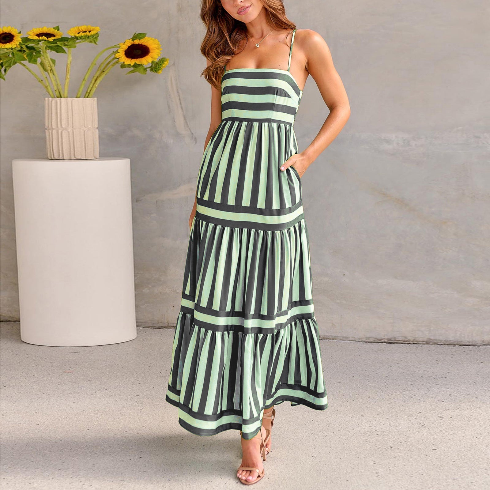 Striped Printed Suspender Long Dress With Pockets - Hipster Collections