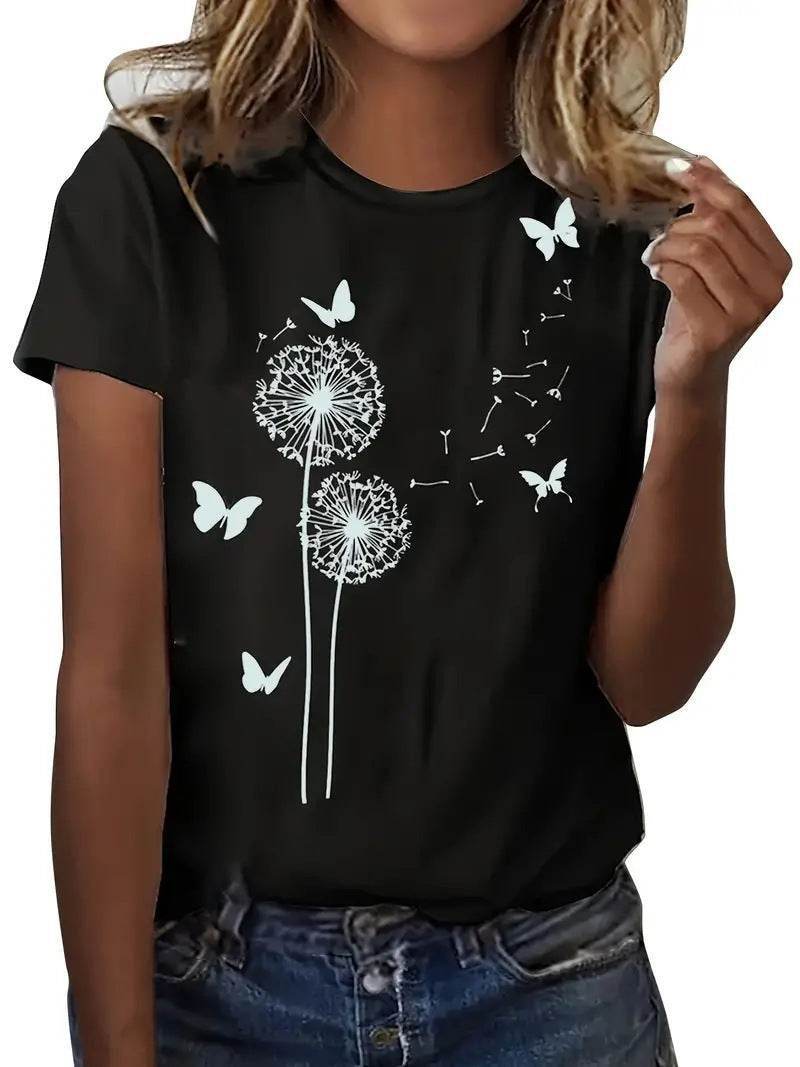 Women's Round Neck T-shirt 3d Dandelion Pattern Digital Printing Women's Clothing