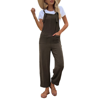 Summer European And American Leisure Suspender Pants Solid Color Pocket Jumpsuit - Hipster Collections