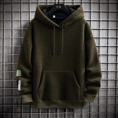 Men's Hooded Drawstring Pocket Lamb Wool Sweatshirt Velvet Padded Thickened Coat - Hipster Collections