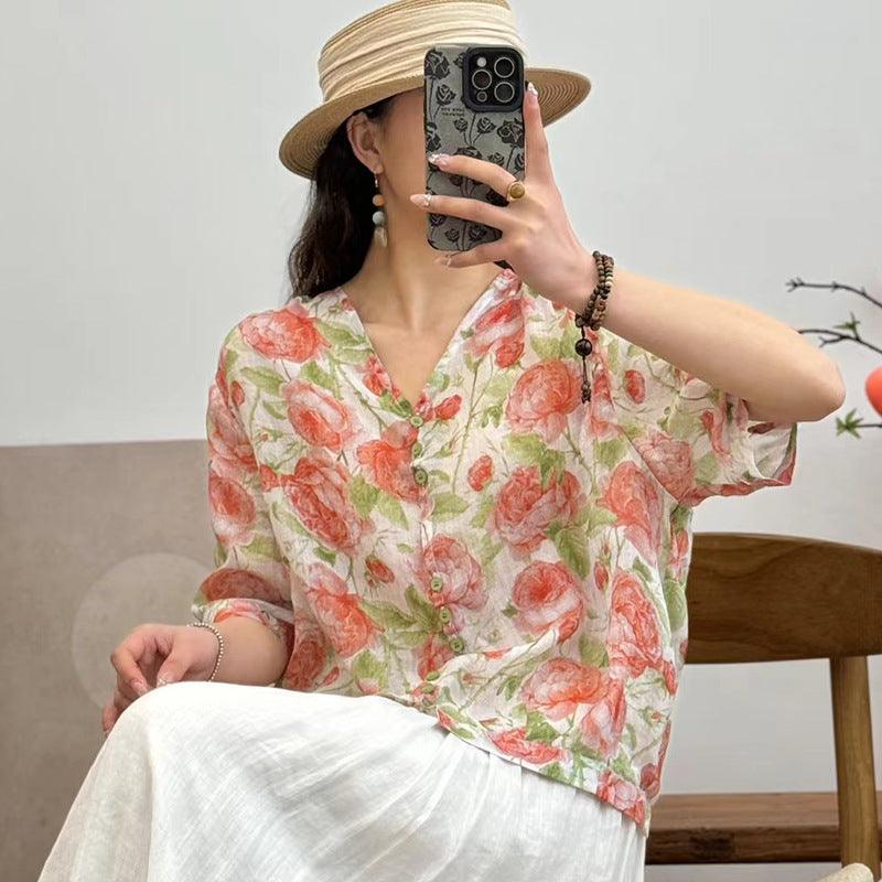Women's V-neck Single Breasted Plus Size Slimming Artistic Stitching Casual Printed Ramie Shirt - Hipster Collections