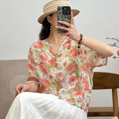 Women's V-neck Single Breasted Plus Size Slimming Artistic Stitching Casual Printed Ramie Shirt - Hipster Collections