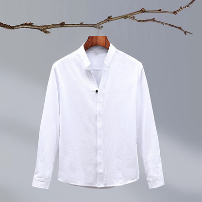 Cotton And Linen Crepe Solid Color Chinese Style Men's Long-sleeved Shirt - Hipster Collections