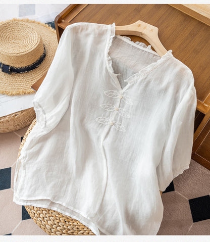 Cotton And Linen Embroidered V-neck Short Sleeve