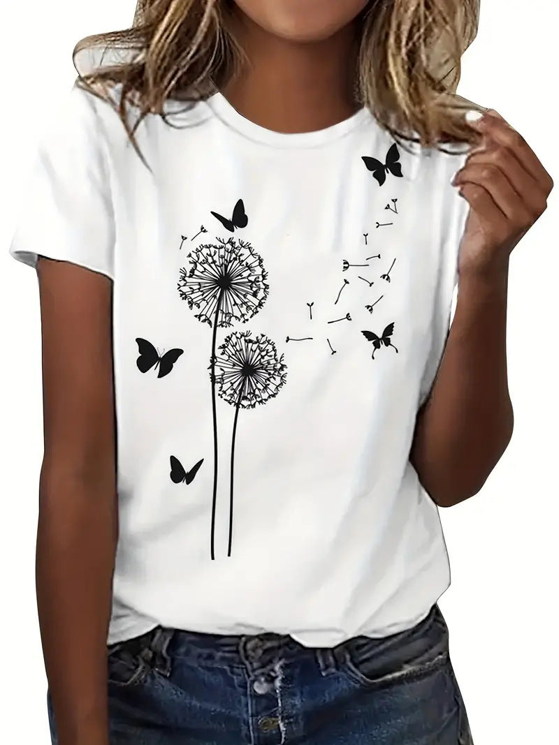 Women's Round Neck T-shirt 3d Dandelion Pattern Digital Printing Women's Clothing