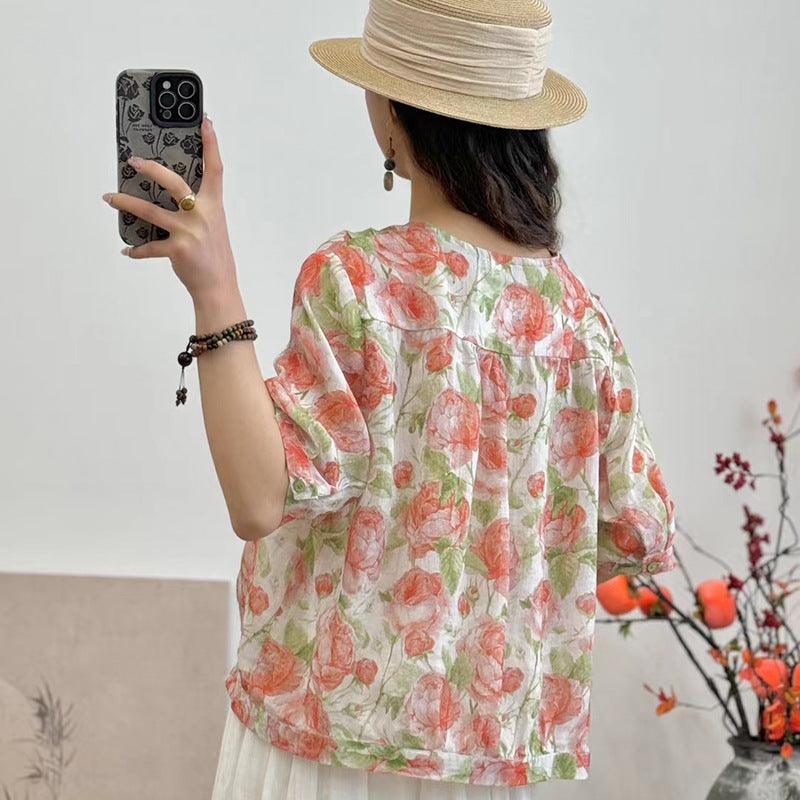 Women's V-neck Single Breasted Plus Size Slimming Artistic Stitching Casual Printed Ramie Shirt - Hipster Collections