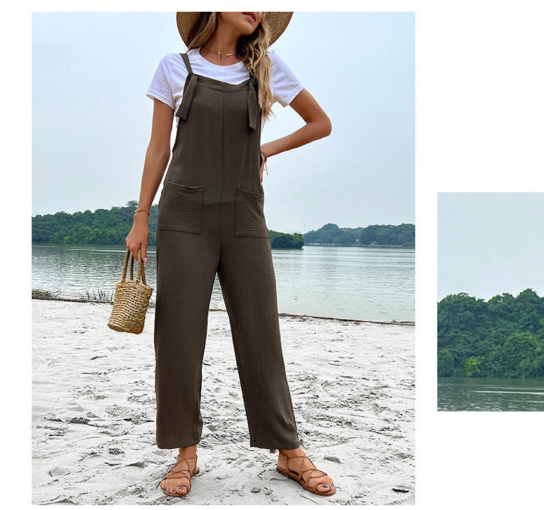 Summer European And American Leisure Suspender Pants Solid Color Pocket Jumpsuit - Hipster Collections