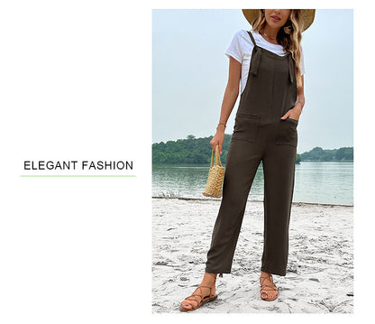 Summer European And American Leisure Suspender Pants Solid Color Pocket Jumpsuit - Hipster Collections