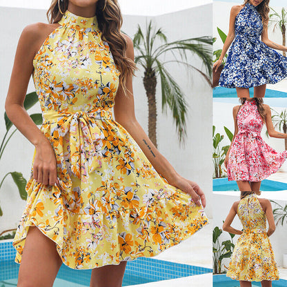 Flowers Print Halterneck Dress - Hipster Collections