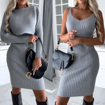 Women's Solid Stripe Long-sleeved Top and Tight Suspender Skirt - Hipster Collections