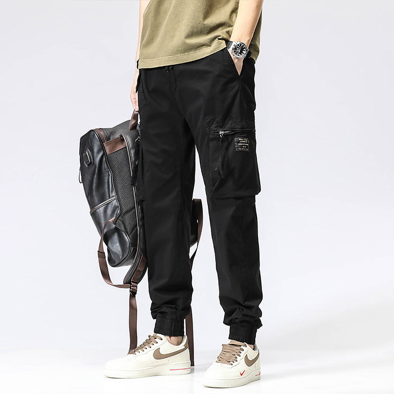 Casual Pants Trendy Brand Elastic Waist Men's Youth Simple Pure Cotton Multi-pocket Work Pants Trousers Ankle-tied - Hipster Collections