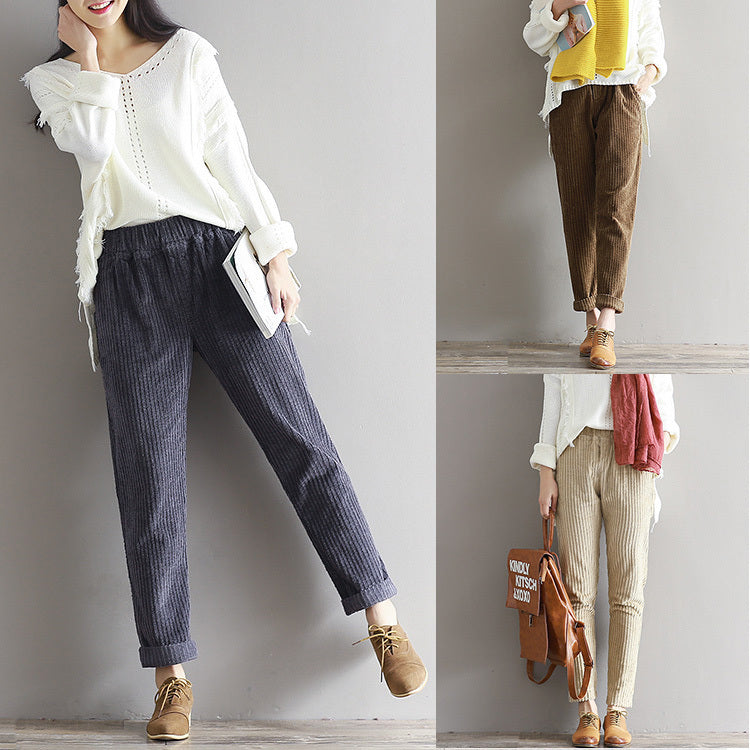 Large Size Women's Art Fan Xian Thin Corduroy Pants Autumn And Winter Loose Casual Trousers - Hipster Collections