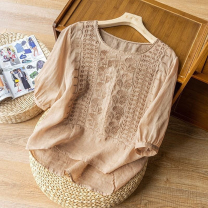 Embroidered Loose Artistic Vintage Cotton And Linen T-shirt