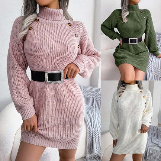 Winter Turtleneck Long Sweater Dress With Button - Hipster Collections