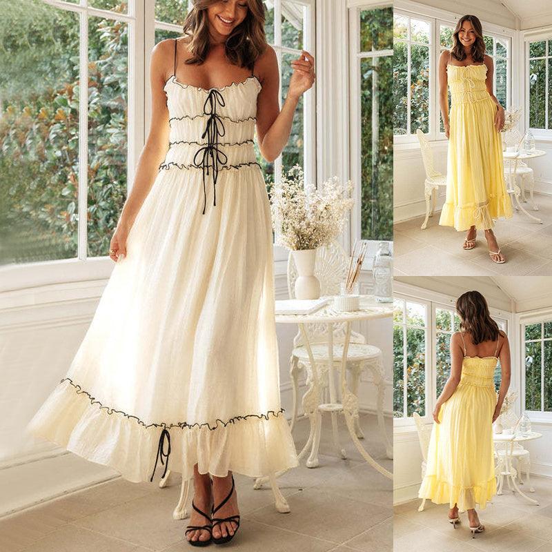 Suspender Spaghetti Strap Long Dresses With Bow Pleat Design - Hipster Collections