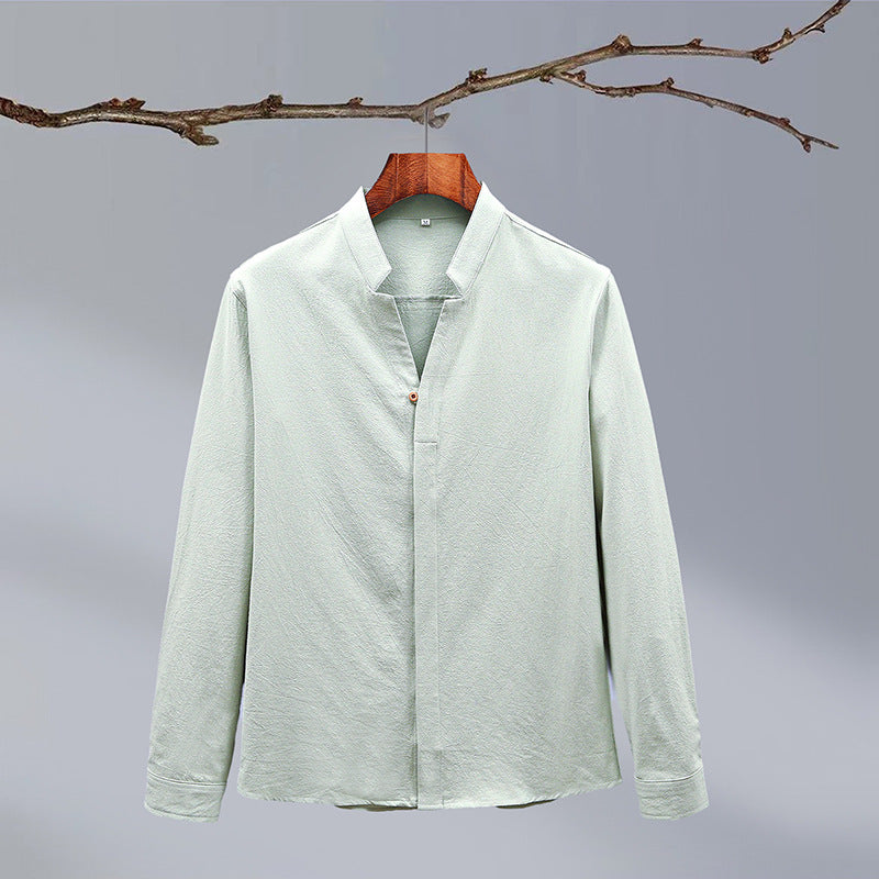 Cotton And Linen Crepe Solid Color Chinese Style Men's Long-sleeved Shirt - Hipster Collections