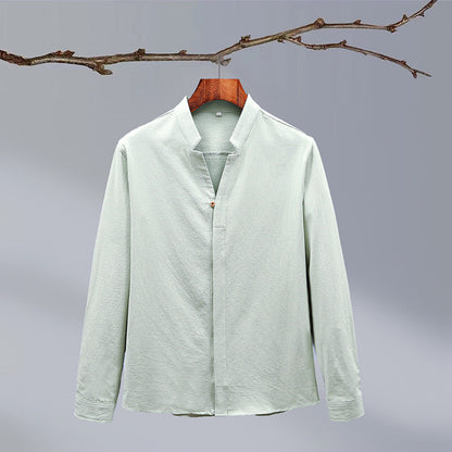 Cotton And Linen Crepe Solid Color Chinese Style Men's Long-sleeved Shirt - Hipster Collections