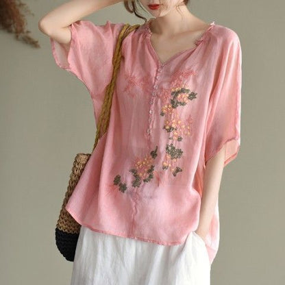 Summer Artistic Wooden Ear Embroidered Shirt Top