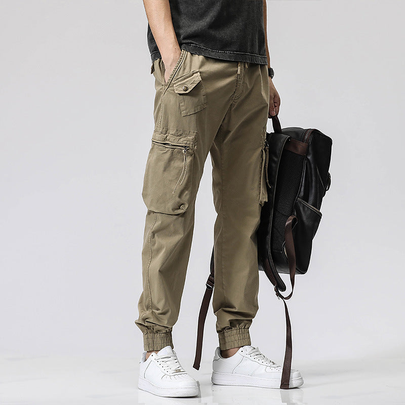 Casual Pants Trendy Brand Elastic Waist Men's Youth Simple Pure Cotton Multi-pocket Work Pants Trousers Ankle-tied - Hipster Collections