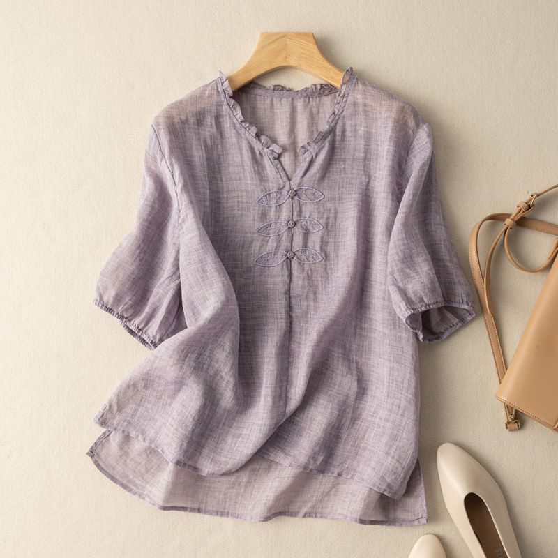 Cotton And Linen Embroidered V-neck Short Sleeve