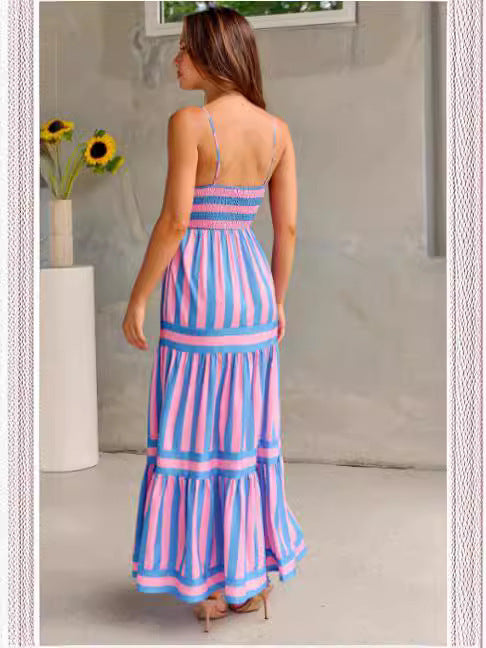 Striped Printed Suspender Long Dress With Pockets - Hipster Collections