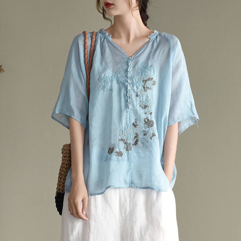 Summer Artistic Wooden Ear Embroidered Shirt Top